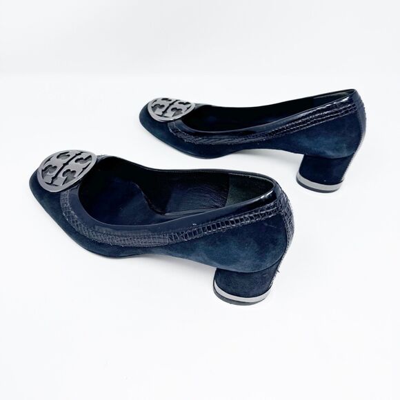 Tory Burch Frannie Reva Pumps 8.5 Black Suede Croc Trim Silver Logo Block Heels - Picture 5 of 14